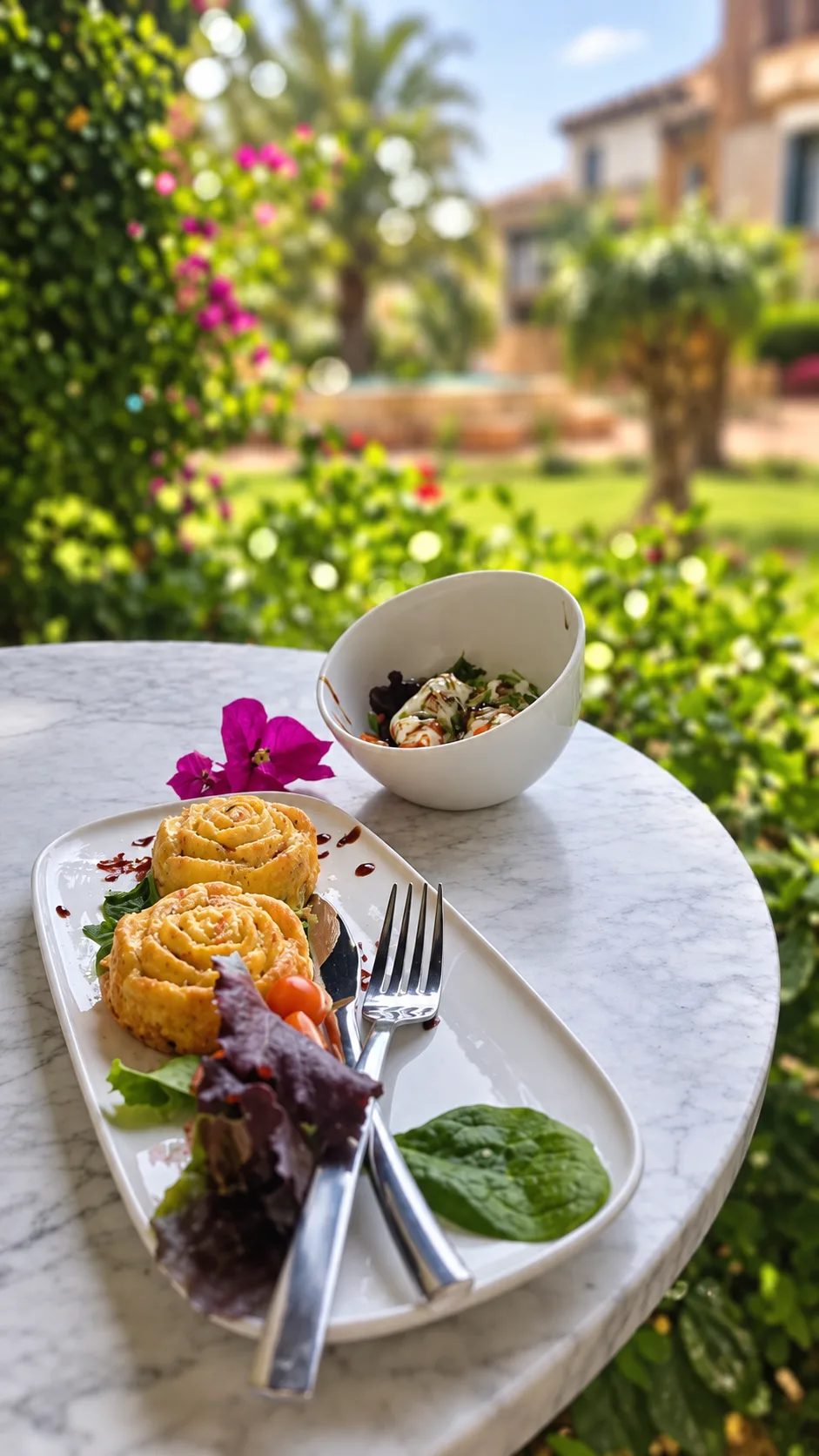 Plato alargado con dos rosas de hojaldre y una ensalada en cuenco blanco, sobre mesa de mármol del jardín, con buganvilla y palmeras al fondo